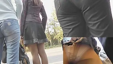 Golden haired upskirt sweetheart in sheer hose