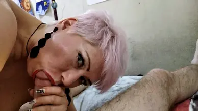 Pussy close up and cock in the throat of a mature cougar